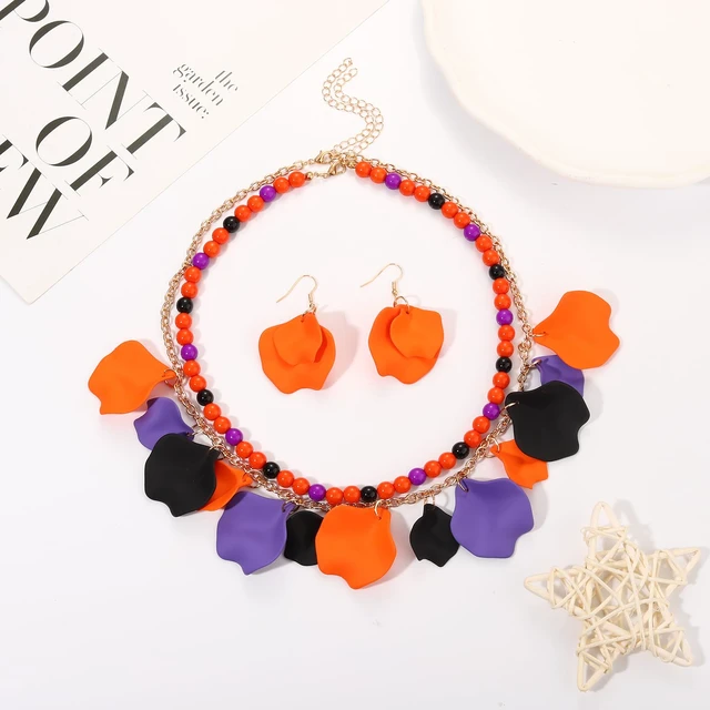 Alt view image 5 of 7 - Halloween Jewelry for Women Flower Petal Necklace Earrings Jewelry Set Halloween Rose Petal Pendant Necklace Oversized Drop Earrings Beaded Chokers Necklaces (Purple Orange Black)