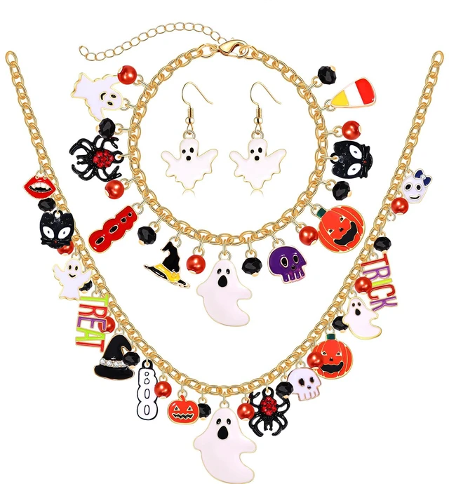Main image of Halloween Necklace Bracelet Earrings for Women Halloween Jewelry Accessories Spooky Pumpkin Candy Corn Boo Pendant Necklace Spider Ghost Charm Bracelet Outfits Party Favor (A)