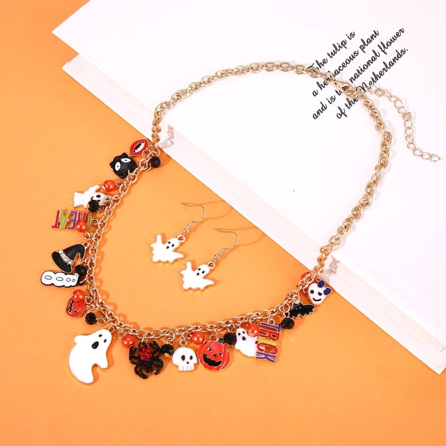 Alt view image 3 of 4 - Halloween Necklace Bracelet Earrings for Women Halloween Jewelry Accessories Spooky Pumpkin Candy Corn Boo Pendant Necklace Spider Ghost Charm Bracelet Outfits Party Favor (A)