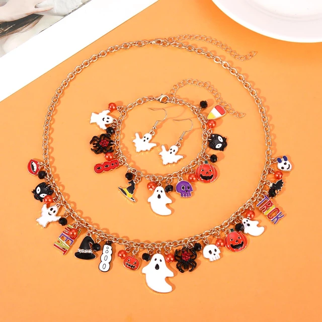 Alt view image 2 of 4 - Halloween Necklace Bracelet Earrings for Women Halloween Jewelry Accessories Spooky Pumpkin Candy Corn Boo Pendant Necklace Spider Ghost Charm Bracelet Outfits Party Favor (A)