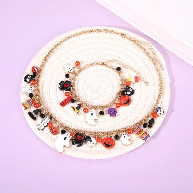 Alt view image 4 of 4 - Halloween Necklace Bracelet Earrings for Women Halloween Jewelry Accessories Spooky Pumpkin Candy Corn Boo Pendant Necklace Spider Ghost Charm Bracelet Outfits Party Favor (A)