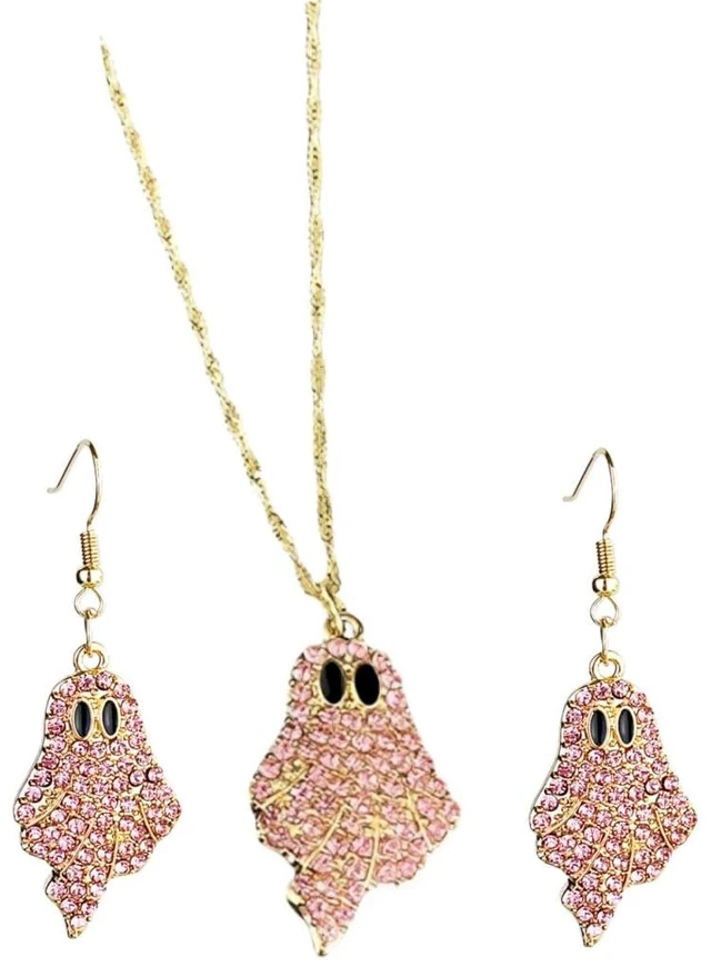 Main image of Sparkly Rhinestone Halloween Ghost Earrings Necklace Set Delicate Diamond Beaded Pink Ghost Earrings Necklace Set Shiny Cute Halloween Party Costume Cosplay Jewelry Gifts
