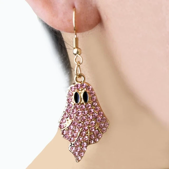Alt view image 3 of 4 - Sparkly Rhinestone Halloween Ghost Earrings Necklace Set Delicate Diamond Beaded Pink Ghost Earrings Necklace Set Shiny Cute Halloween Party Costume Cosplay Jewelry Gifts