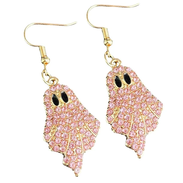 Alt view image 4 of 4 - Sparkly Rhinestone Halloween Ghost Earrings Necklace Set Delicate Diamond Beaded Pink Ghost Earrings Necklace Set Shiny Cute Halloween Party Costume Cosplay Jewelry Gifts