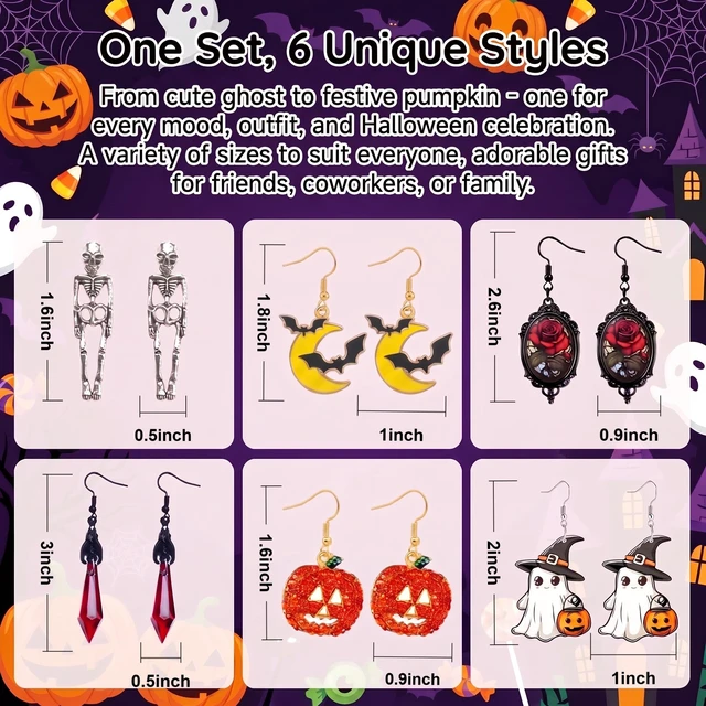 Alt view image 2 of 6 - 6 Pairs Halloween Earrings for Women Costumes, Womens Halloween Costume Accessories