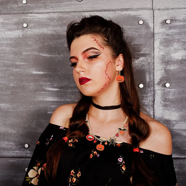 Alt view image 5 of 7 - Halloween Jewelry Set Halloween Earrings Black Gothic Necklace Bracelets Vintage Gothic Pendent Necklace Punk Chain Choker Halloween Party Costume Jewelry for Women (Pumpkin)