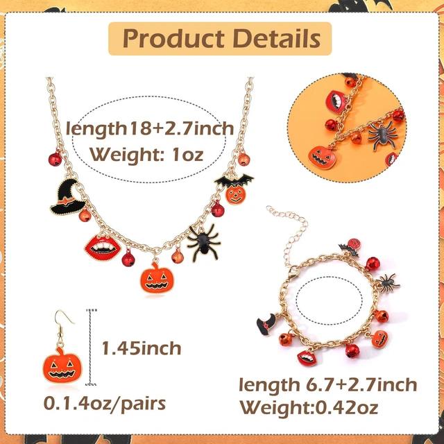 Alt view image 3 of 7 - Halloween Jewelry Set Halloween Earrings Black Gothic Necklace Bracelets Vintage Gothic Pendent Necklace Punk Chain Choker Halloween Party Costume Jewelry for Women (Pumpkin)