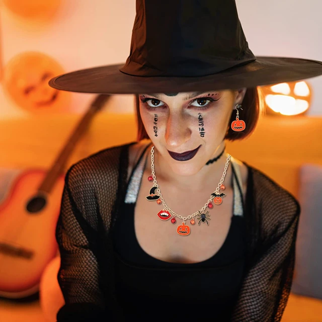 Alt view image 4 of 7 - Halloween Jewelry Set Halloween Earrings Black Gothic Necklace Bracelets Vintage Gothic Pendent Necklace Punk Chain Choker Halloween Party Costume Jewelry for Women (Pumpkin)