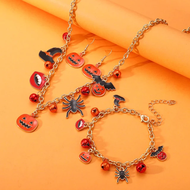 Alt view image 6 of 7 - Halloween Jewelry Set Halloween Earrings Black Gothic Necklace Bracelets Vintage Gothic Pendent Necklace Punk Chain Choker Halloween Party Costume Jewelry for Women (Pumpkin)