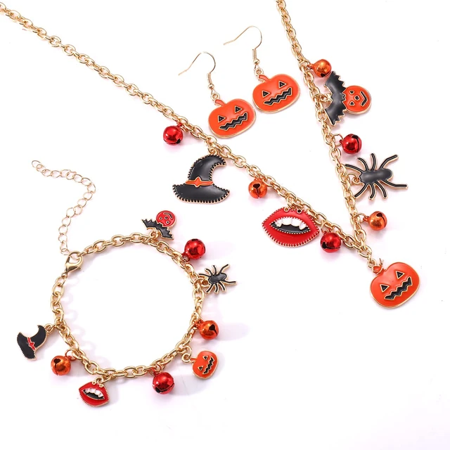 Alt view image 7 of 7 - Halloween Jewelry Set Halloween Earrings Black Gothic Necklace Bracelets Vintage Gothic Pendent Necklace Punk Chain Choker Halloween Party Costume Jewelry for Women (Pumpkin)