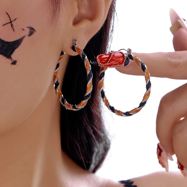 Alt view image 2 of 3 - Halloween Pumpkin Ghost Black Cat Skull Orange Black Beaded Hoop Pendant Earrings Women's Fashion Halloween Jewelry Party Gifts - Twisted Earrings