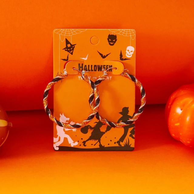 Alt view image 3 of 3 - Halloween Pumpkin Ghost Black Cat Skull Orange Black Beaded Hoop Pendant Earrings Women's Fashion Halloween Jewelry Party Gifts - Twisted Earrings