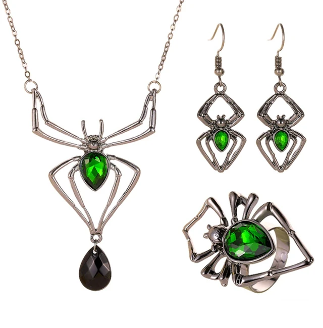 Main image of Halloween Spider Necklace Earrings Set for Women Spider Drop Dangle Earring Pendant Choker Necklace Gothic Halloween Party Jewelry Gift (green)