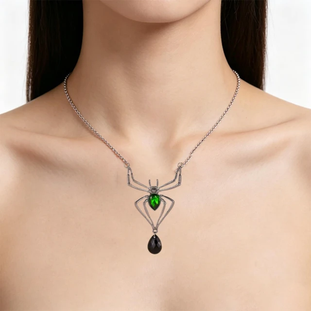 Alt view image 3 of 7 - Halloween Spider Necklace Earrings Set for Women Spider Drop Dangle Earring Pendant Choker Necklace Gothic Halloween Party Jewelry Gift (green)