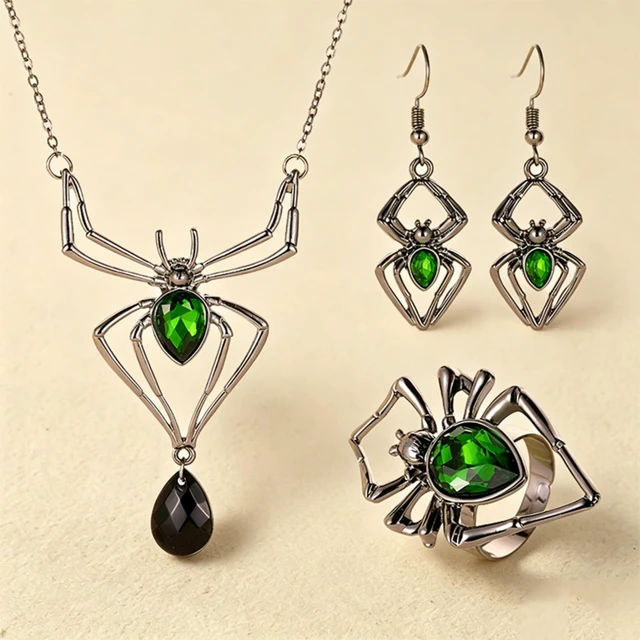 Alt view image 6 of 7 - Halloween Spider Necklace Earrings Set for Women Spider Drop Dangle Earring Pendant Choker Necklace Gothic Halloween Party Jewelry Gift (green)