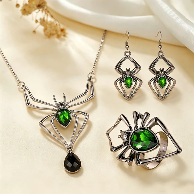 Alt view image 5 of 7 - Halloween Spider Necklace Earrings Set for Women Spider Drop Dangle Earring Pendant Choker Necklace Gothic Halloween Party Jewelry Gift (green)
