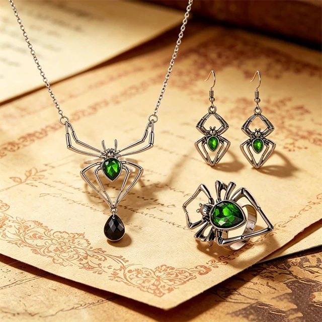 Alt view image 7 of 7 - Halloween Spider Necklace Earrings Set for Women Spider Drop Dangle Earring Pendant Choker Necklace Gothic Halloween Party Jewelry Gift (green)