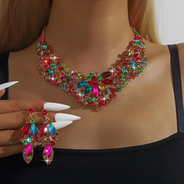 Alt view image 2 of 4 - Vintage Colorful Crystal Rhinestone Statement Choker Bib Statement Necklace Earring Set Sparkly Chunky Cluster Leaf Flower Necklace Dangle Earrings Set Halloween Bar Costume Jewelry Sets (Colorful)