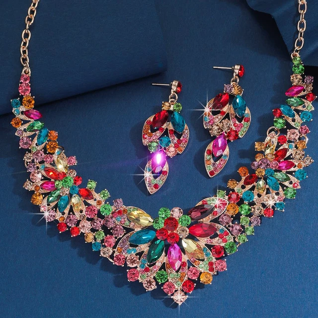 Alt view image 3 of 4 - Vintage Colorful Crystal Rhinestone Statement Choker Bib Statement Necklace Earring Set Sparkly Chunky Cluster Leaf Flower Necklace Dangle Earrings Set Halloween Bar Costume Jewelry Sets (Colorful)