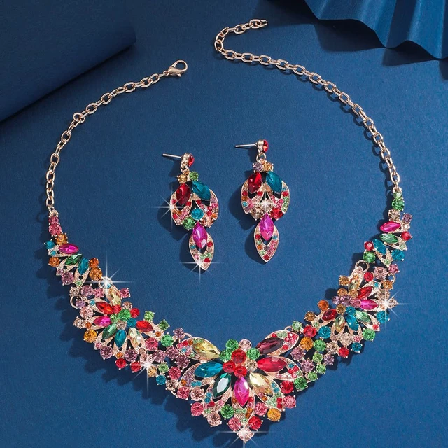 Alt view image 4 of 4 - Vintage Colorful Crystal Rhinestone Statement Choker Bib Statement Necklace Earring Set Sparkly Chunky Cluster Leaf Flower Necklace Dangle Earrings Set Halloween Bar Costume Jewelry Sets (Colorful)