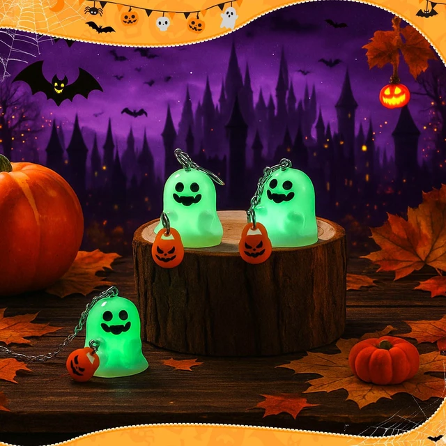 Alt view image 2 of 7 - Glow in The Dark Halloween Earrings & Necklace, Ghost with Pumpkin | Glow in The Dark Ghost with Pumpkin Earrings and Necklace, Adopt a Ghost, Spooky Light up Halloween Jewelry Set for Women Men