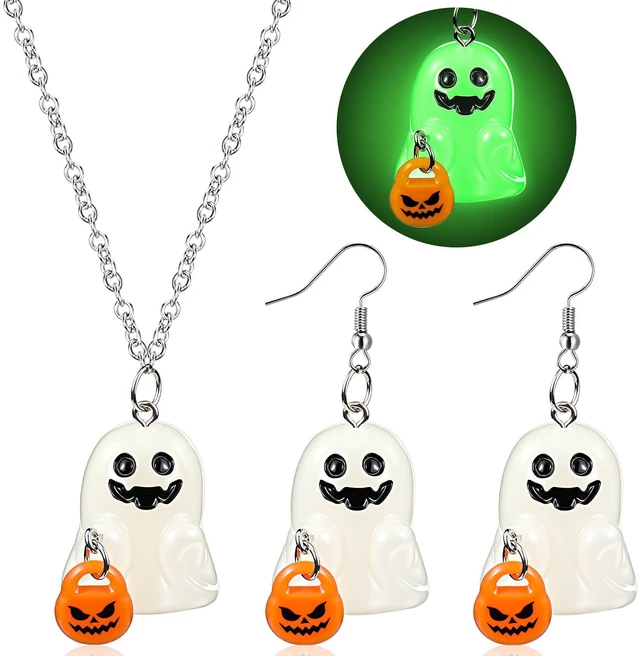 Main image of Glow in The Dark Halloween Earrings & Necklace, Ghost with Pumpkin | Glow in The Dark Ghost with Pumpkin Earrings and Necklace, Adopt a Ghost, Spooky Light up Halloween Jewelry Set for Women Men