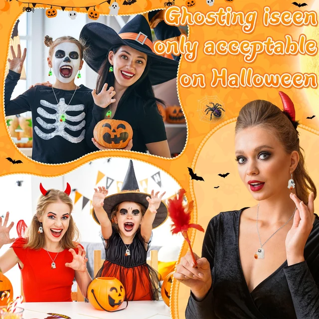 Alt view image 5 of 7 - Glow in The Dark Halloween Earrings & Necklace, Ghost with Pumpkin | Glow in The Dark Ghost with Pumpkin Earrings and Necklace, Adopt a Ghost, Spooky Light up Halloween Jewelry Set for Women Men