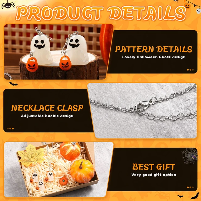 Alt view image 4 of 7 - Glow in The Dark Halloween Earrings & Necklace, Ghost with Pumpkin | Glow in The Dark Ghost with Pumpkin Earrings and Necklace, Adopt a Ghost, Spooky Light up Halloween Jewelry Set for Women Men