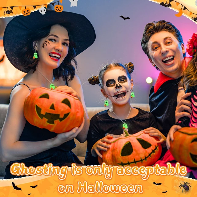 Alt view image 3 of 7 - Glow in The Dark Halloween Earrings & Necklace, Ghost with Pumpkin | Glow in The Dark Ghost with Pumpkin Earrings and Necklace, Adopt a Ghost, Spooky Light up Halloween Jewelry Set for Women Men