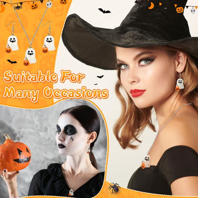 Alt view image 7 of 7 - Glow in The Dark Halloween Earrings & Necklace, Ghost with Pumpkin | Glow in The Dark Ghost with Pumpkin Earrings and Necklace, Adopt a Ghost, Spooky Light up Halloween Jewelry Set for Women Men