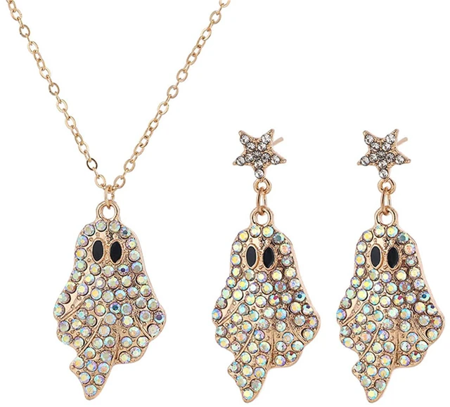 Main image of Halloween Ghost Necklace Earrings Set for Women Shiny Rhinestone Ghost Pendant Necklace Cute Enamel Ghost Drop Dangle Earrings Halloween Cosplay Party Fashion Accessories Jewelry (Gold Colorful)
