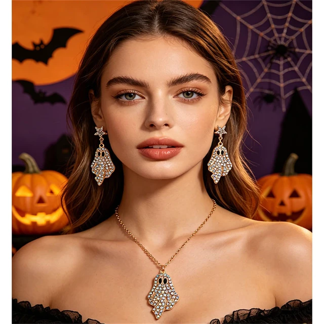 Alt view image 2 of 5 - Halloween Ghost Necklace Earrings Set for Women Shiny Rhinestone Ghost Pendant Necklace Cute Enamel Ghost Drop Dangle Earrings Halloween Cosplay Party Fashion Accessories Jewelry (Gold Colorful)