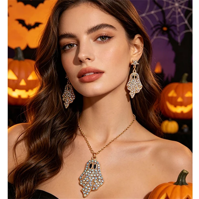Alt view image 3 of 5 - Halloween Ghost Necklace Earrings Set for Women Shiny Rhinestone Ghost Pendant Necklace Cute Enamel Ghost Drop Dangle Earrings Halloween Cosplay Party Fashion Accessories Jewelry (Gold Colorful)