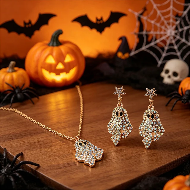 Alt view image 4 of 5 - Halloween Ghost Necklace Earrings Set for Women Shiny Rhinestone Ghost Pendant Necklace Cute Enamel Ghost Drop Dangle Earrings Halloween Cosplay Party Fashion Accessories Jewelry (Gold Colorful)