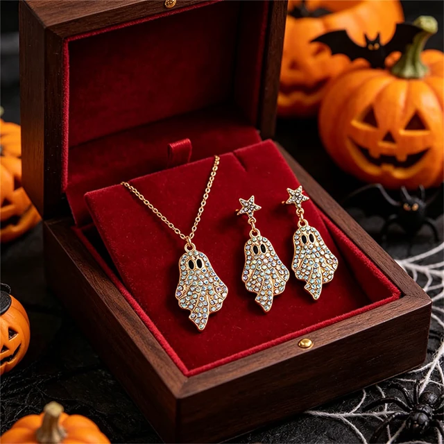 Alt view image 5 of 5 - Halloween Ghost Necklace Earrings Set for Women Shiny Rhinestone Ghost Pendant Necklace Cute Enamel Ghost Drop Dangle Earrings Halloween Cosplay Party Fashion Accessories Jewelry (Gold Colorful)