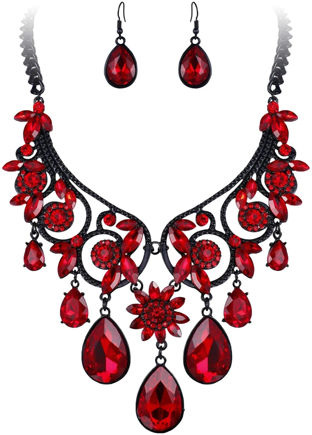 Main image of Women's Tribal Ethnic Jewelry Set for Halloween Costume Prom Ruby | Gorgeous Crystal Chunky Statement Necklace Dangle Earrings for Cosplay Party Accessories Black-Tone