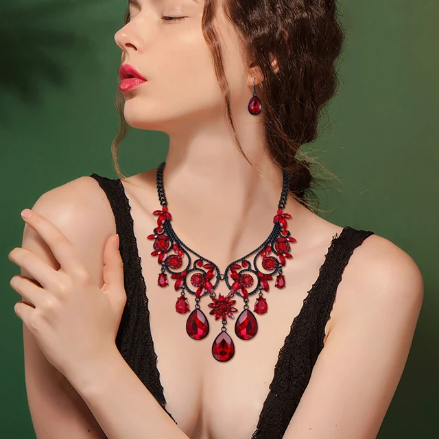 Alt view image 2 of 7 - Women's Tribal Ethnic Jewelry Set for Halloween Costume Prom Ruby | Gorgeous Crystal Chunky Statement Necklace Dangle Earrings for Cosplay Party Accessories Black-Tone