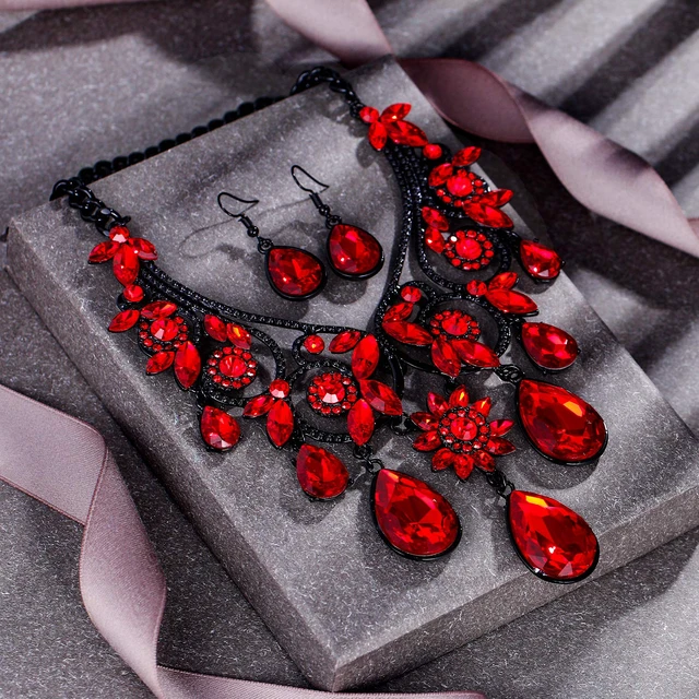 Alt view image 5 of 7 - Women's Tribal Ethnic Jewelry Set for Halloween Costume Prom Ruby | Gorgeous Crystal Chunky Statement Necklace Dangle Earrings for Cosplay Party Accessories Black-Tone
