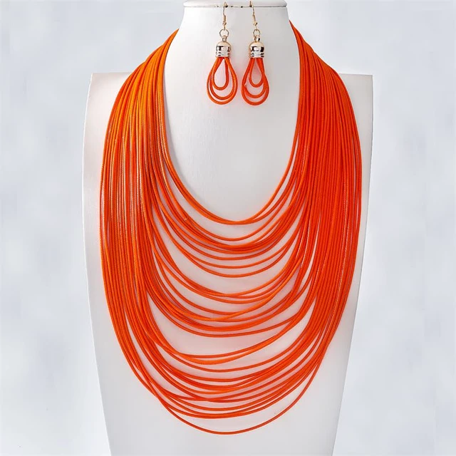 Alt view image 2 of 2 - African Multicolor Layered Chunky Bib Necklace for Women Tassel Wax Line Choker with Earrings Statement Jewelry Set-orange