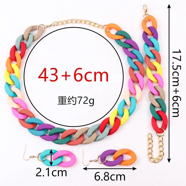Alt view image 2 of 5 - 3Pcs Colorful Acrylic Chunky Necklace Bracelet Earrings Set Exaggerate Resin Cuban Link Chain Collar Necklace Geometric Statement Necklace for Women 70S 80S Costume Party Jewelry-Colorful