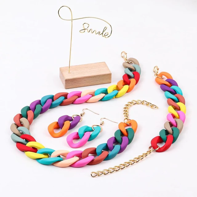 Alt view image 3 of 5 - 3Pcs Colorful Acrylic Chunky Necklace Bracelet Earrings Set Exaggerate Resin Cuban Link Chain Collar Necklace Geometric Statement Necklace for Women 70S 80S Costume Party Jewelry-Colorful