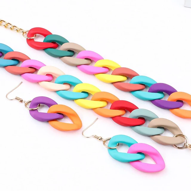 Alt view image 5 of 5 - 3Pcs Colorful Acrylic Chunky Necklace Bracelet Earrings Set Exaggerate Resin Cuban Link Chain Collar Necklace Geometric Statement Necklace for Women 70S 80S Costume Party Jewelry-Colorful