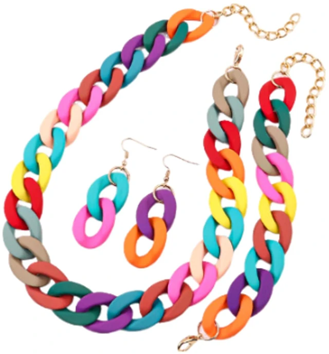 Main image of 3Pcs Colorful Acrylic Chunky Necklace Bracelet Earrings Set Exaggerate Resin Cuban Link Chain Collar Necklace Geometric Statement Necklace for Women 70S 80S Costume Party Jewelry-Colorful