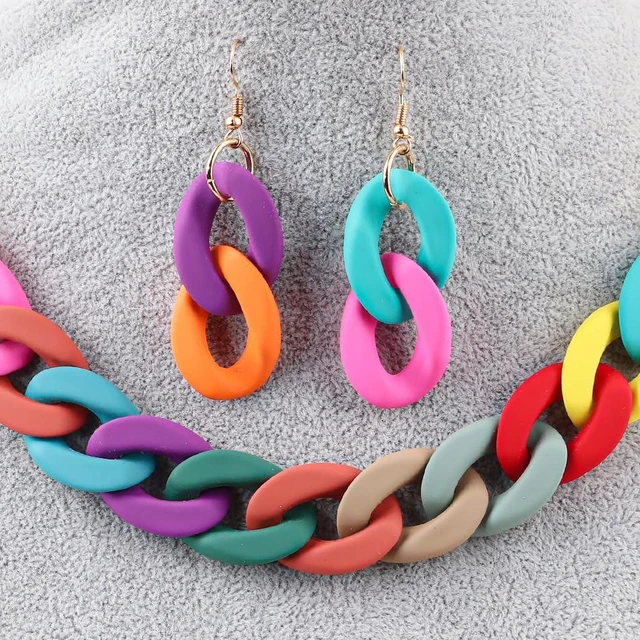 Alt view image 4 of 5 - 3Pcs Colorful Acrylic Chunky Necklace Bracelet Earrings Set Exaggerate Resin Cuban Link Chain Collar Necklace Geometric Statement Necklace for Women 70S 80S Costume Party Jewelry-Colorful