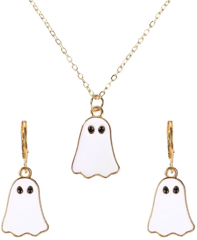 Main image of Halloween Ghost Earrings and Necklace Set | Alloy Ghost Hoop Earrings & Pendant Necklace Spooky Quirky Jewelry for Women Halloween Party Daily Wear Accessories