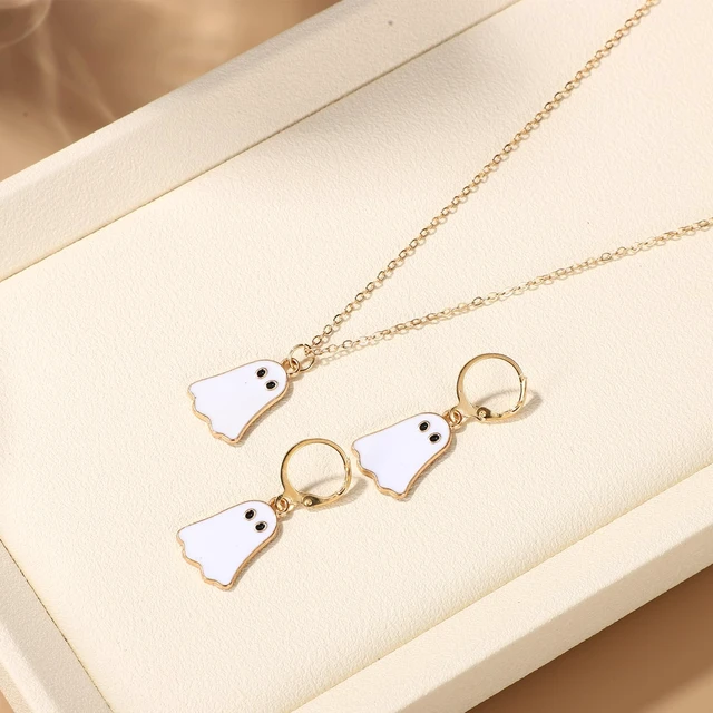 Alt view image 3 of 7 - Halloween Ghost Earrings and Necklace Set | Alloy Ghost Hoop Earrings & Pendant Necklace Spooky Quirky Jewelry for Women Halloween Party Daily Wear Accessories