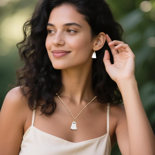 Alt view image 5 of 7 - Halloween Ghost Earrings and Necklace Set | Alloy Ghost Hoop Earrings & Pendant Necklace Spooky Quirky Jewelry for Women Halloween Party Daily Wear Accessories