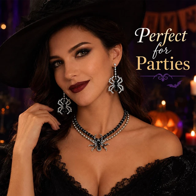 Alt view image 4 of 7 - Halloween Spider Jewelry Set Halloween Earrings for Women Necklaces Gothic | Spider Dangle Earrings Party Cosplay Witch Gothic Clothes Vampire Accessories for Women Gift
