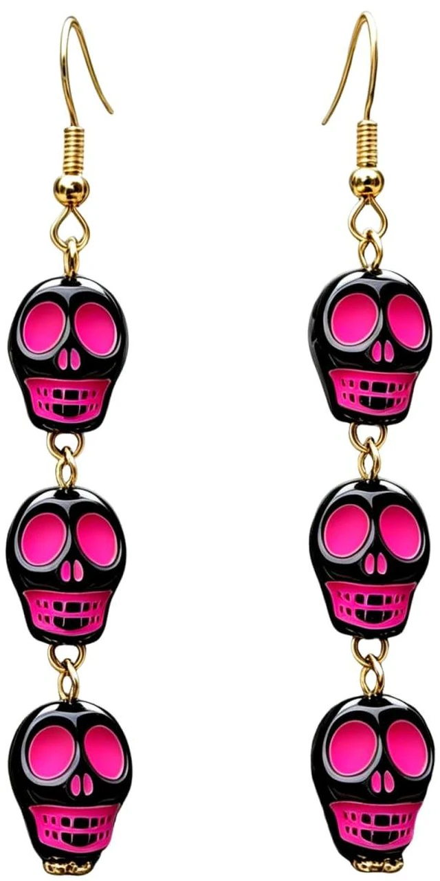 Main image of Halloween Triple Skull Dangle Earrings Multicolor Gothic Skeleton Long Statement Earrings for Women Halloween Holiday Festive Costume Cosplay Party Jewelry Gifts-Hot pink