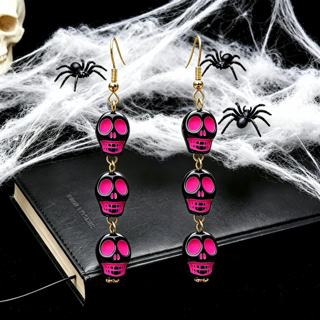 Alt view image 2 of 2 - Halloween Triple Skull Dangle Earrings Multicolor Gothic Skeleton Long Statement Earrings for Women Halloween Holiday Festive Costume Cosplay Party Jewelry Gifts-Hot pink
